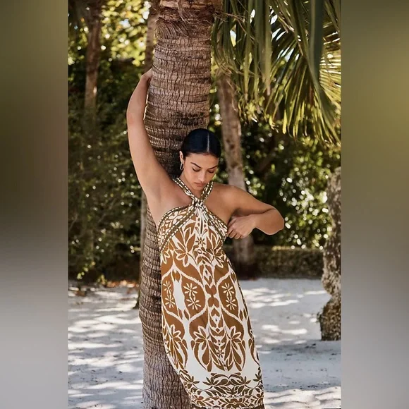 ✨ Anthropologie Printed Halter Dress Sz M - Picture 4 of 9